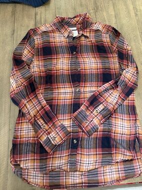 American Eagle Outfitters Orange Navy Plaid Button-Down Shirt